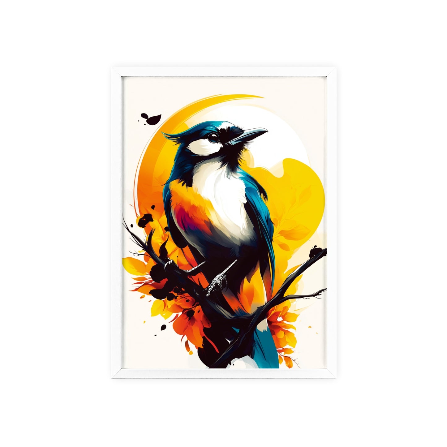 Stylized digital pop art poster of a jay with dynamic geometric shapes in vibrant yellow, orange, blue, and black colors