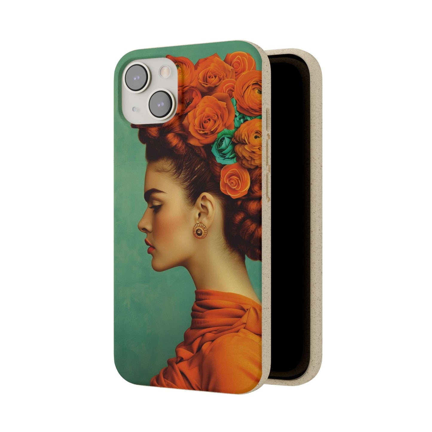 Vibrant orange biodegradable phone case featuring a stylized portrait of Frida Kahlo with aquamarine accents.