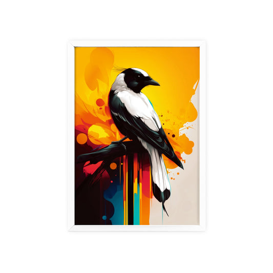 Framed Mystical Pop poster of a vibrant magpie in bold, colorful vector art.