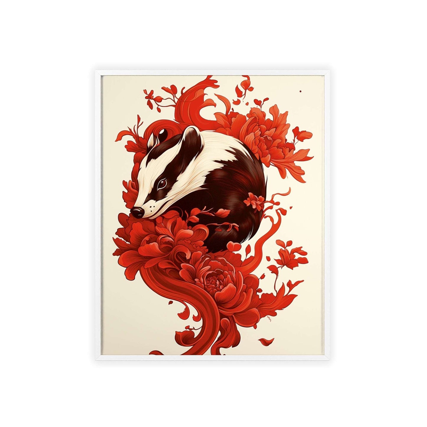 Framed poster of a stylized badger surrounded by red flowers