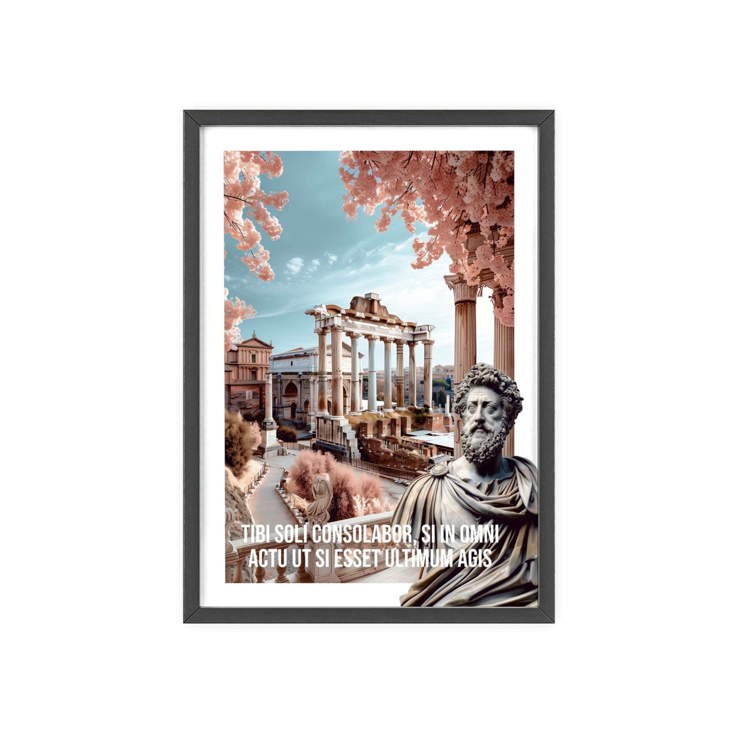 Surreal minimalist art print featuring a stunning Rome sunrise with Marcus Aurelius quote on living each moment fully