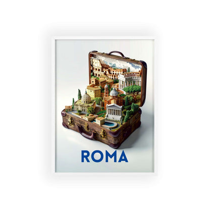 Beautiful Rome in a Suitcase travel poster featuring iconic landmarks, inspiring wanderlust and a love for timeless travel