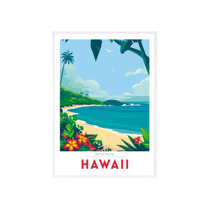 Travel poster featuring a picturesque Hawaiian beach with palm trees, crystal-clear water, and a vibrant sunset, capturing the essence of Hawaii's tropical paradise.