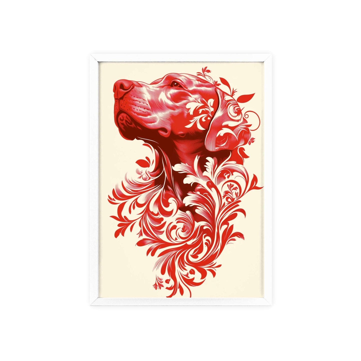 Framed poster showcasing a stylized hound surrounded by vibrant red flowers