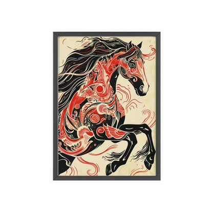 wild horse poster, animal art, bold design, black and red, wildlife decor, intricate patterns, majestic horse, nature illustration, wall art, dynamic artwork