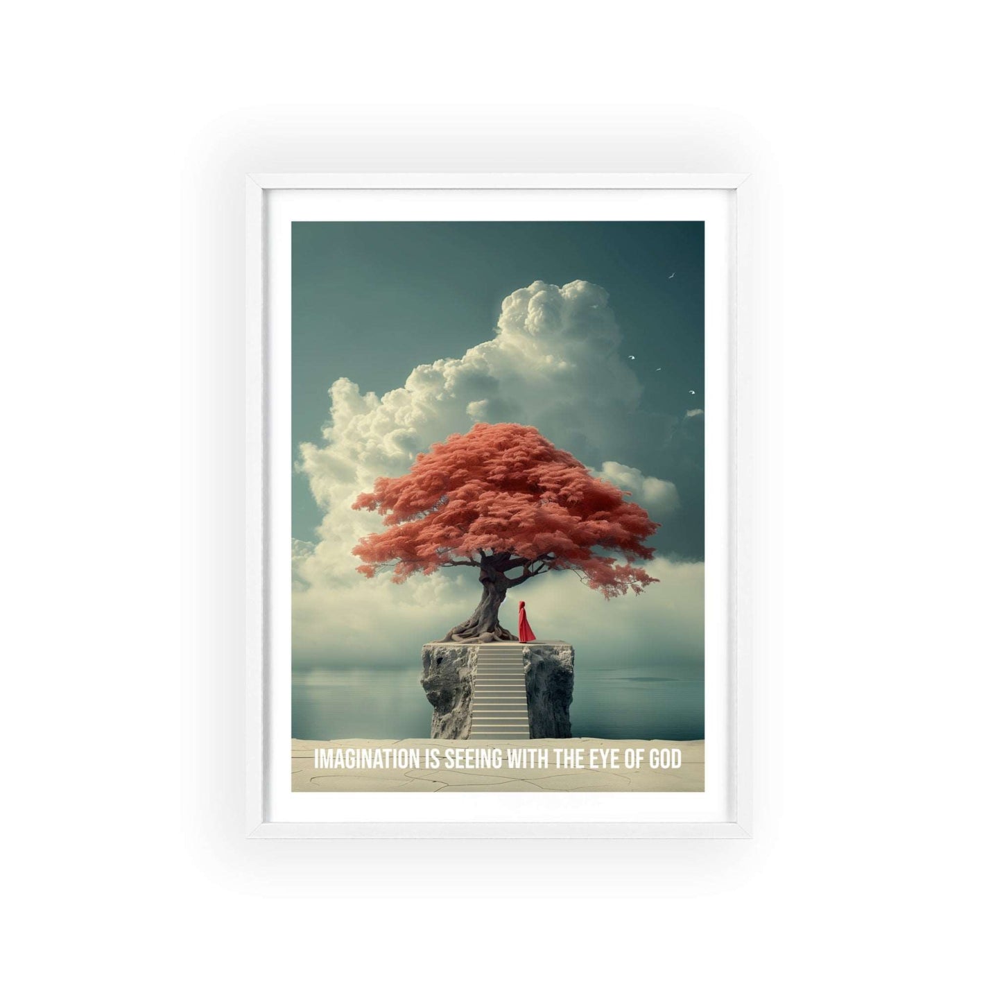 Surreal minimalist art print featuring a child looking at the horizon, with Neville Goddard quote "Imagination is seeing with the eye of God"