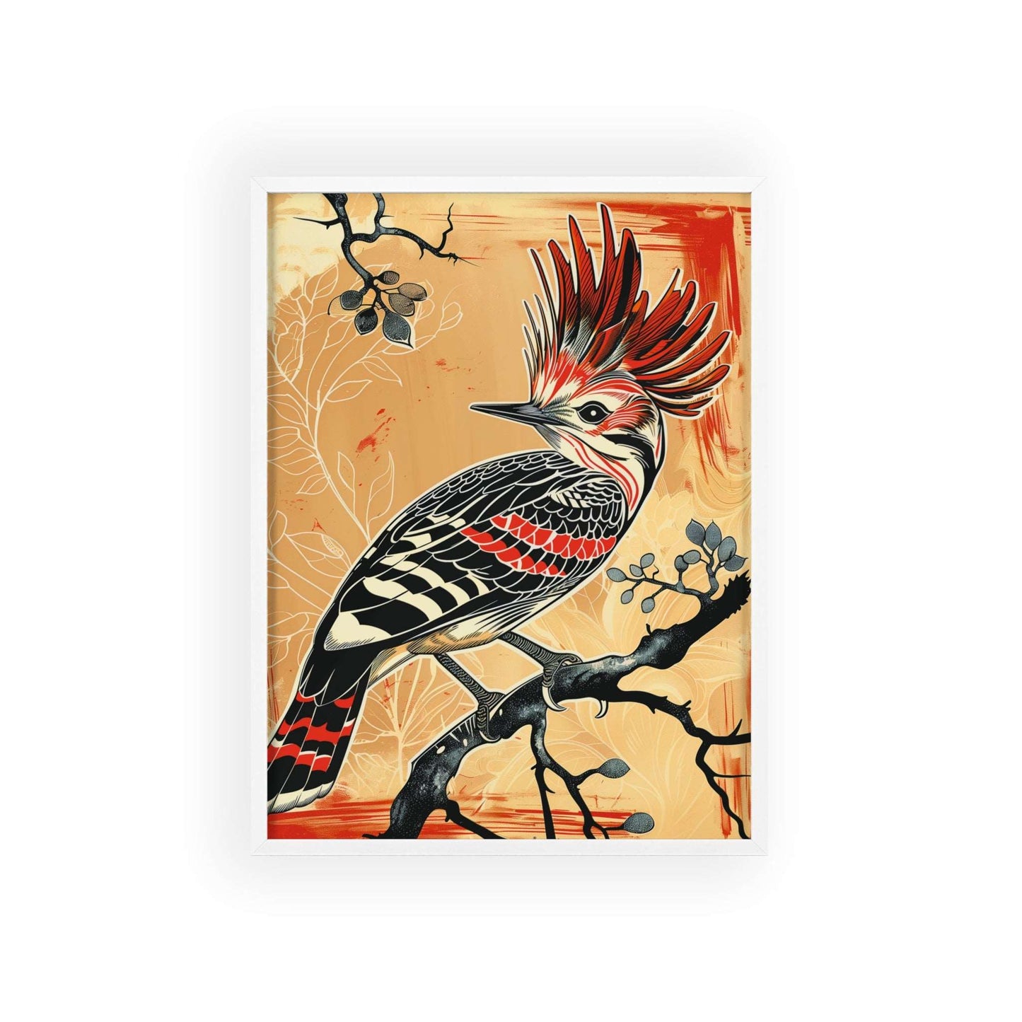 woodpecker poster, bird art, vibrant print, nature decor, wildlife illustration, red crest, birdwatching, wall art, decorative background, nature lovers