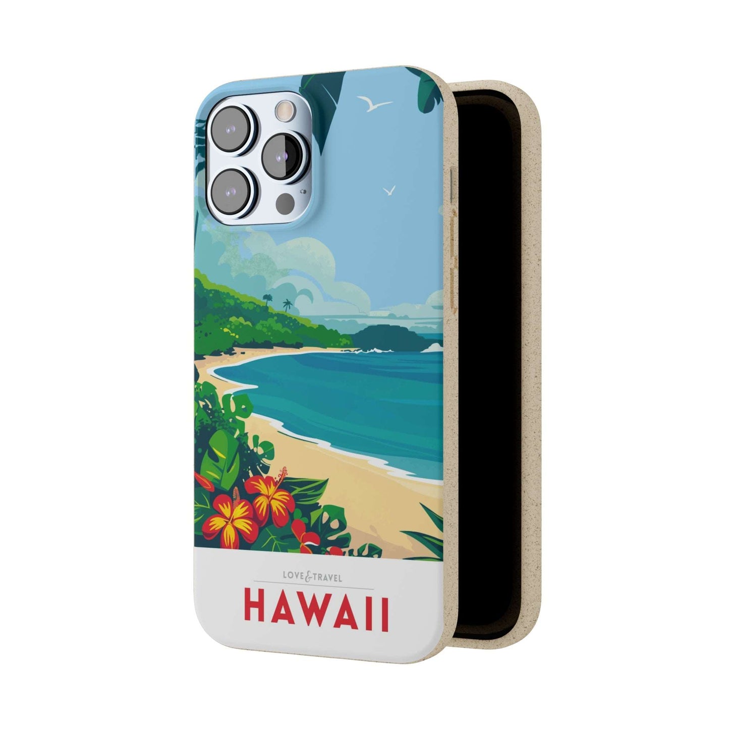 Vibrant biodegradable phone case featuring a colorful Hawaii-inspired travel poster design.