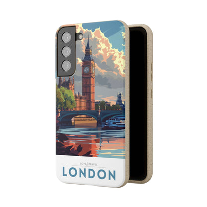 Stylish biodegradable phone case featuring a minimalist London-themed travel poster design.