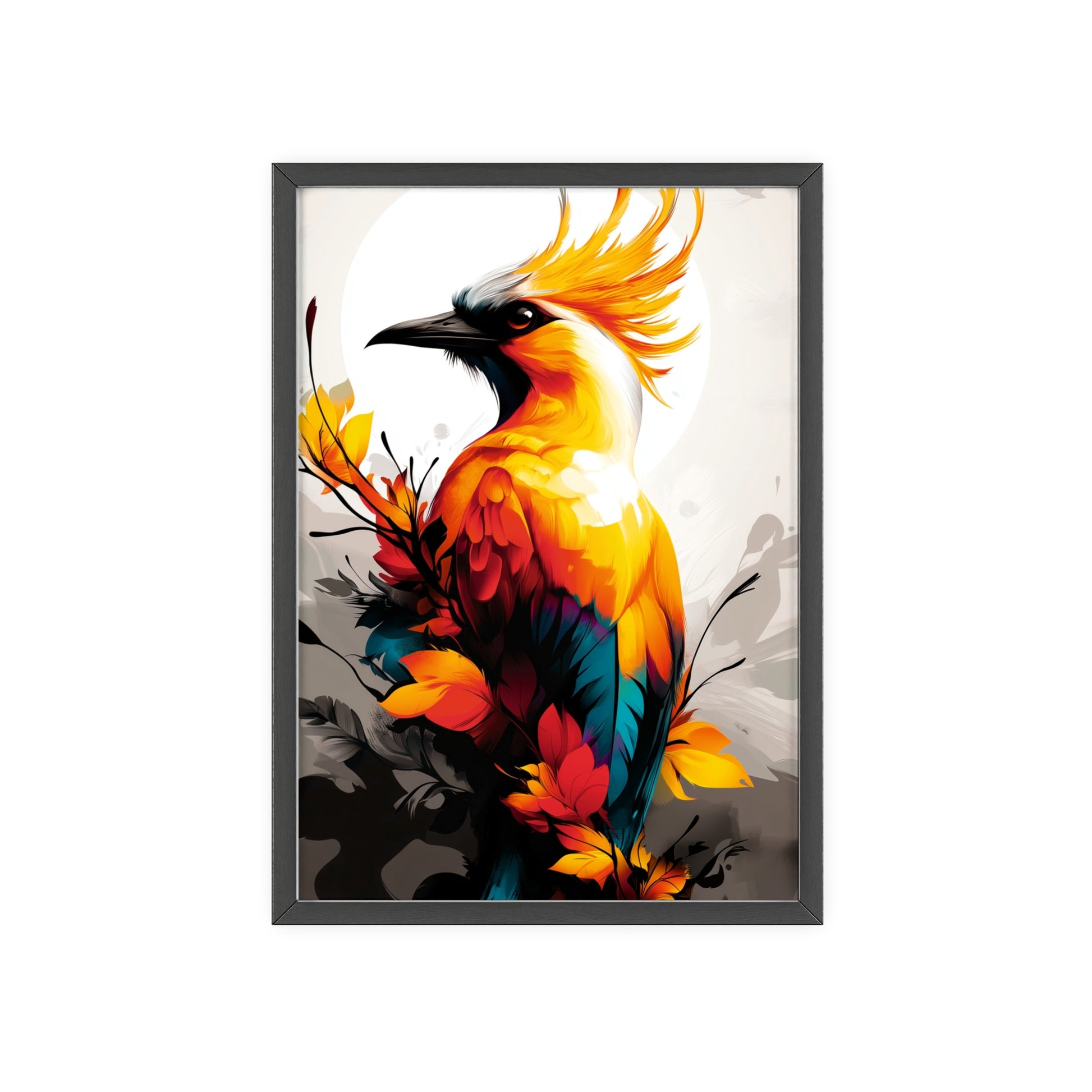 Striking digital illustration of a mystical hoopoe with abstract shapes and vibrant colors, featuring its distinctive crest, part of the Mystical Beasts Collection framed poster series.