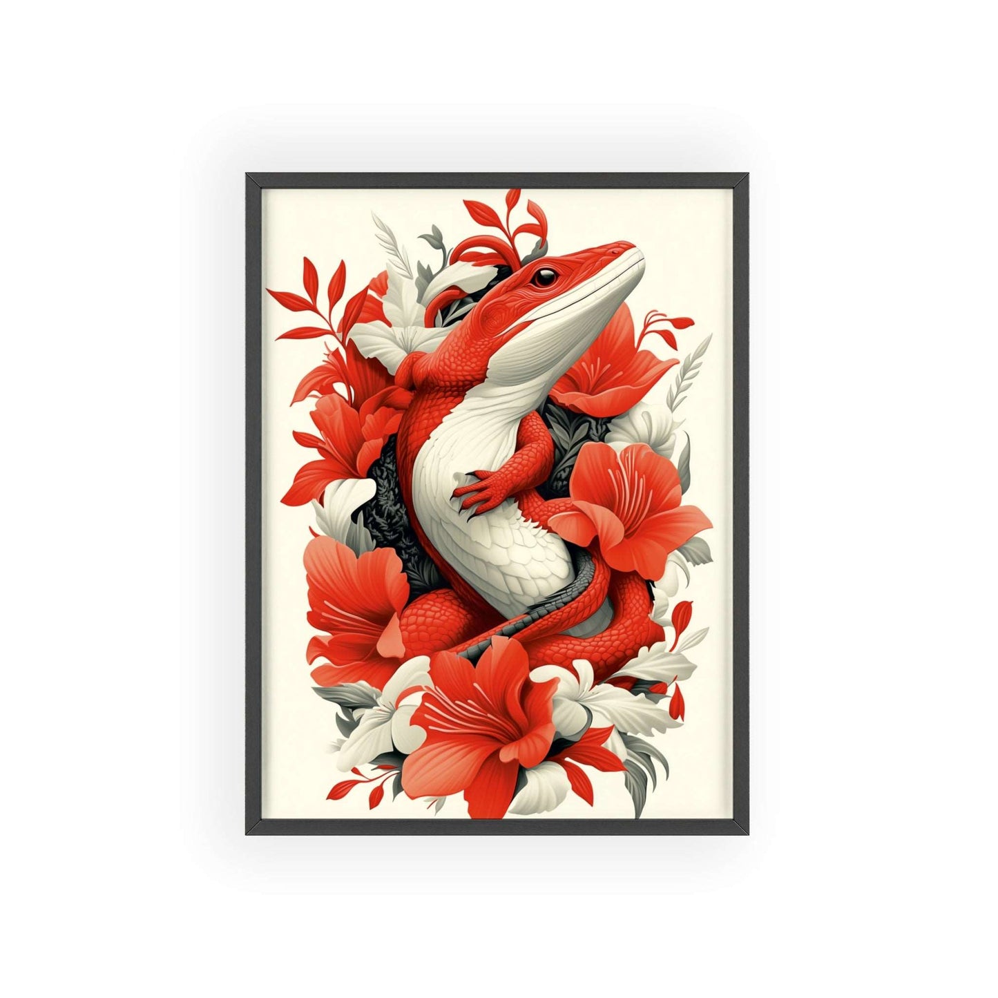 Framed poster of a stylized lizard surrounded by red flowers