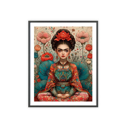 Framed poster featuring a young Frida Kahlo in a meditative pose. She is depicted in a modern vector design with a muted color palette.