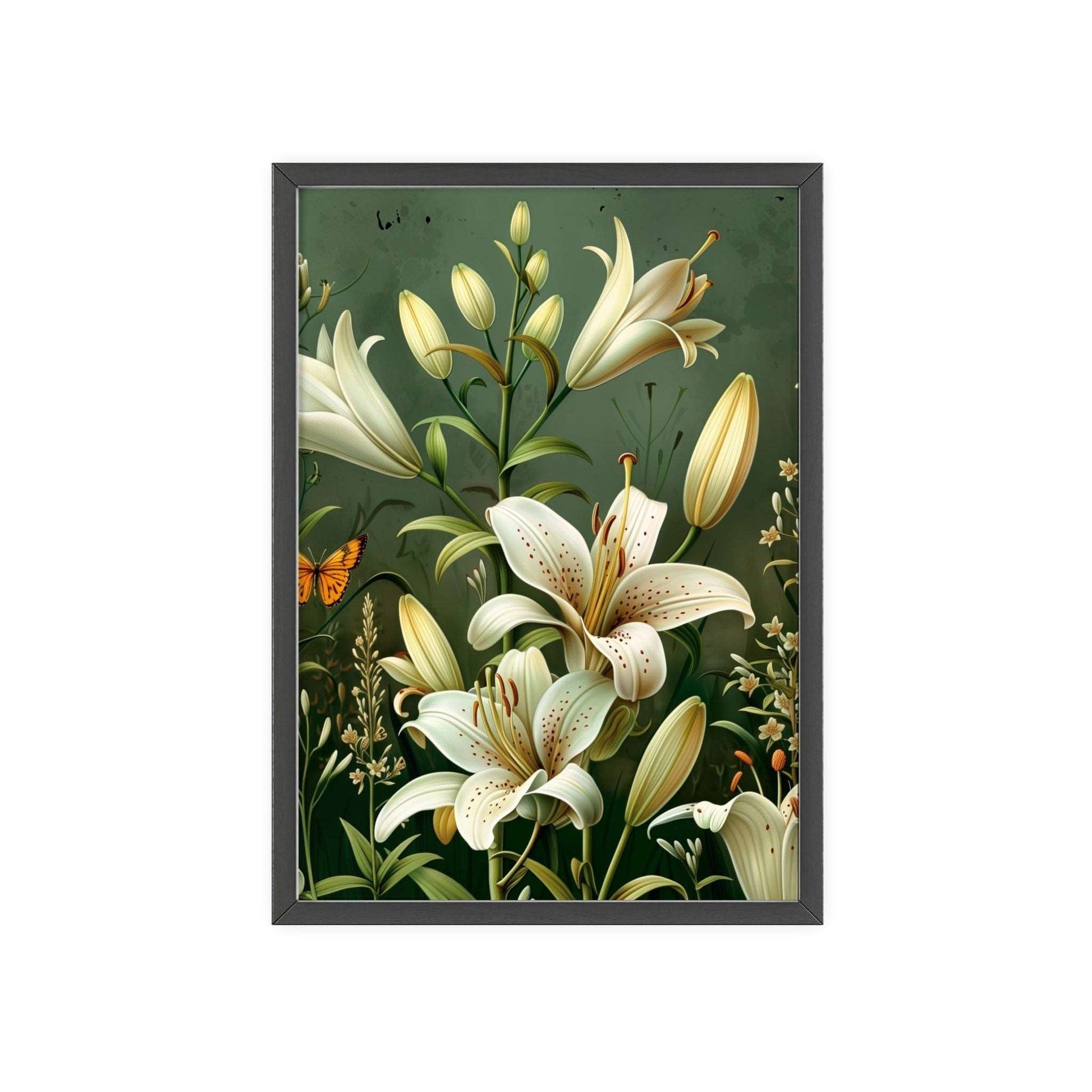 Vintage-style framed poster featuring graceful lily blooms in soft, elegant hues