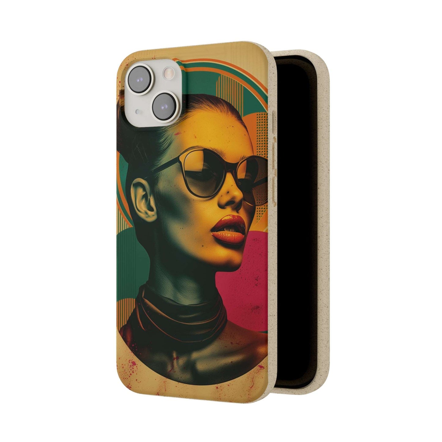 Rome-inspired biodegradable phone case with Mediterranean hues and a retro portrait, compatible with iPhone and Samsung models.