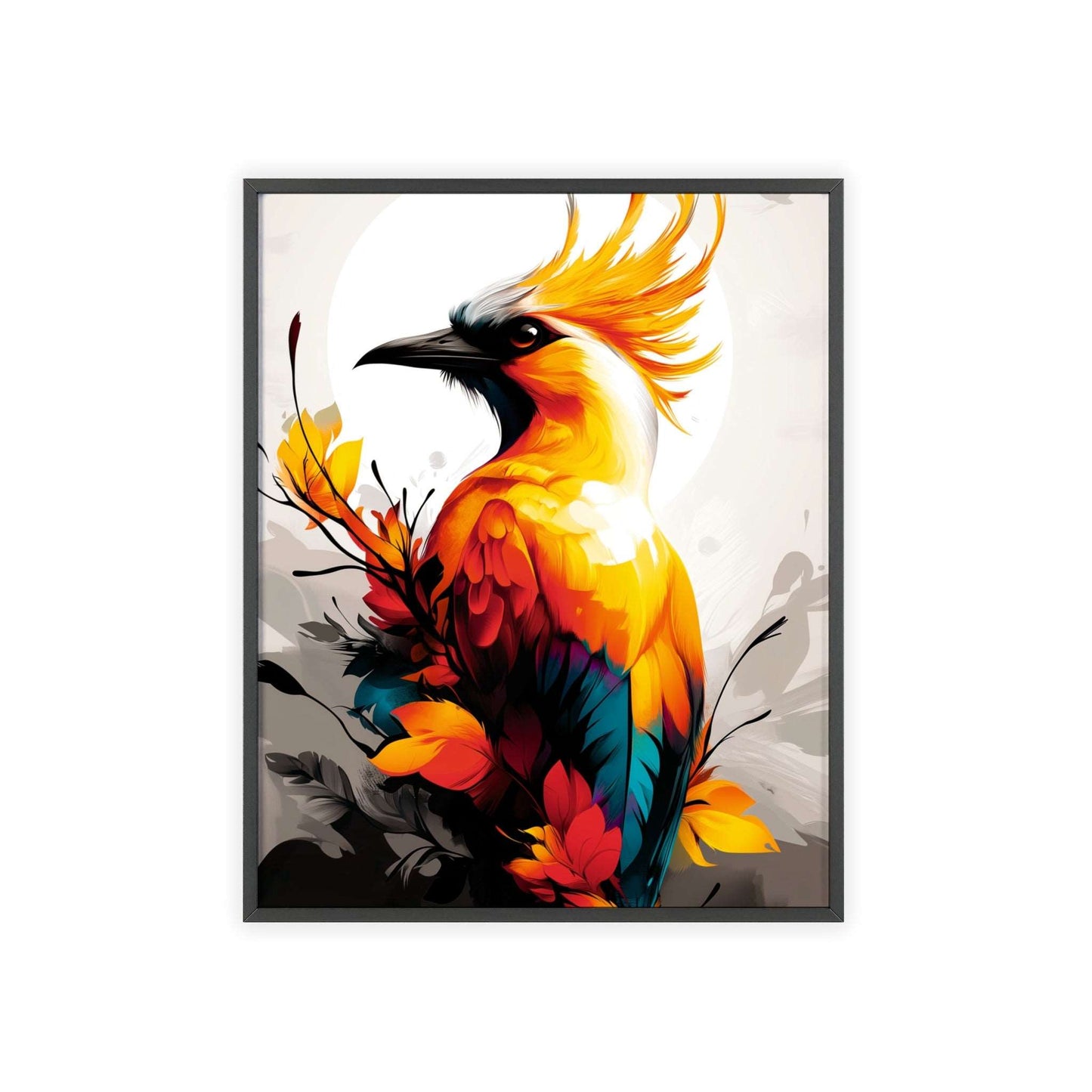 Striking digital illustration of a mystical hoopoe with abstract shapes and vibrant colors, featuring its distinctive crest, part of the Mystical Beasts Collection framed poster series.