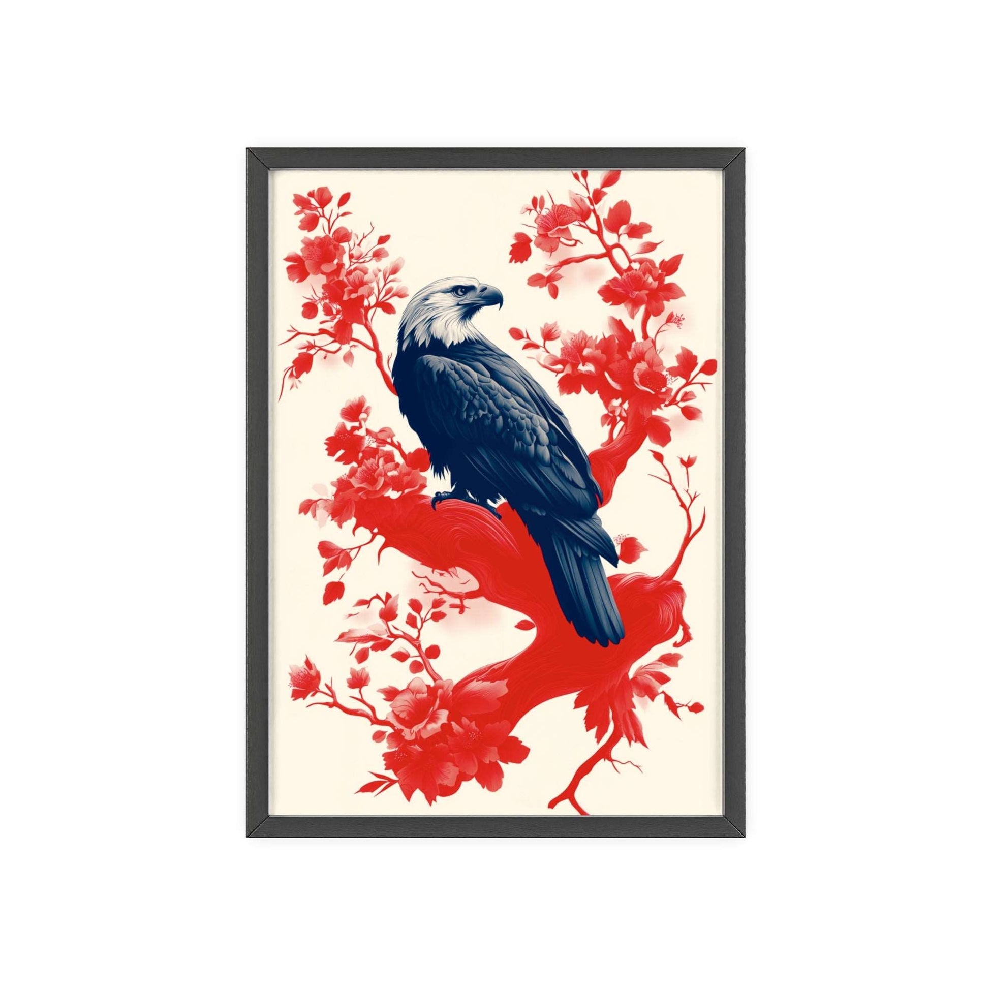 Framed poster of a majestic eagle surrounded by red flowers