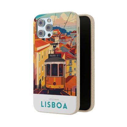 Colorful biodegradable phone case featuring a stylized travel poster design of Lisbon, Portugal.