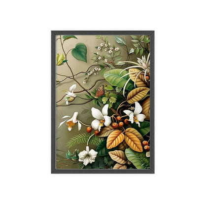 Vintage-style framed poster featuring intricate orchid blooms with delicate petals and stems