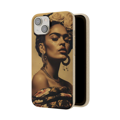 Biodegradable phone case with Frida Kahlo's Cancun 1927 portrait in vintage style.