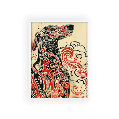 dog poster, animal art, bold design, black and red, wildlife decor, intricate patterns, majestic dog, nature illustration, wall art, dynamic artwork