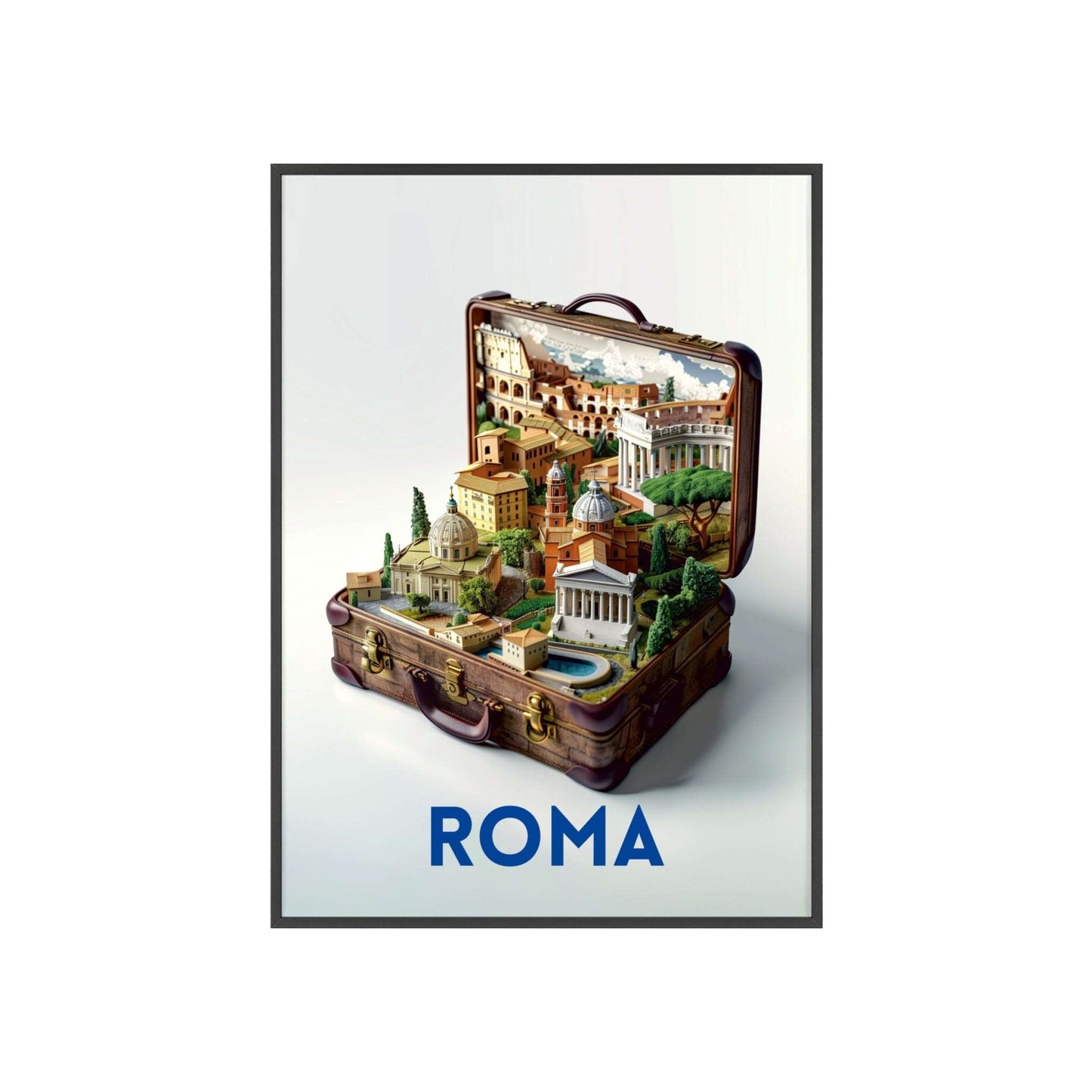 Beautiful Rome in a Suitcase travel poster featuring iconic landmarks, inspiring wanderlust and a love for timeless travel