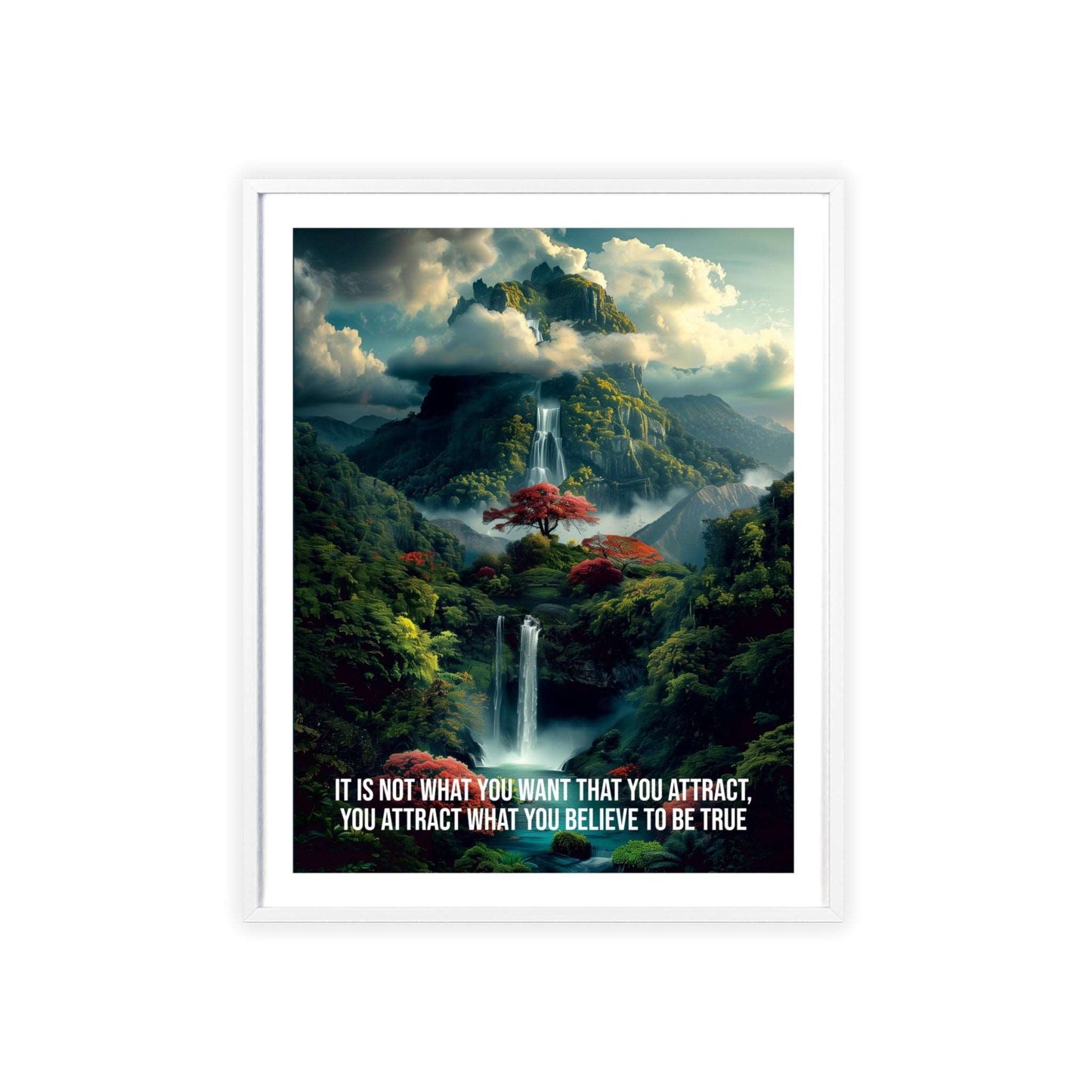 Surreal minimalist art print featuring a powerful waterfall in a lush jungle, with Neville Goddard quote "You attract what you believe to be true"