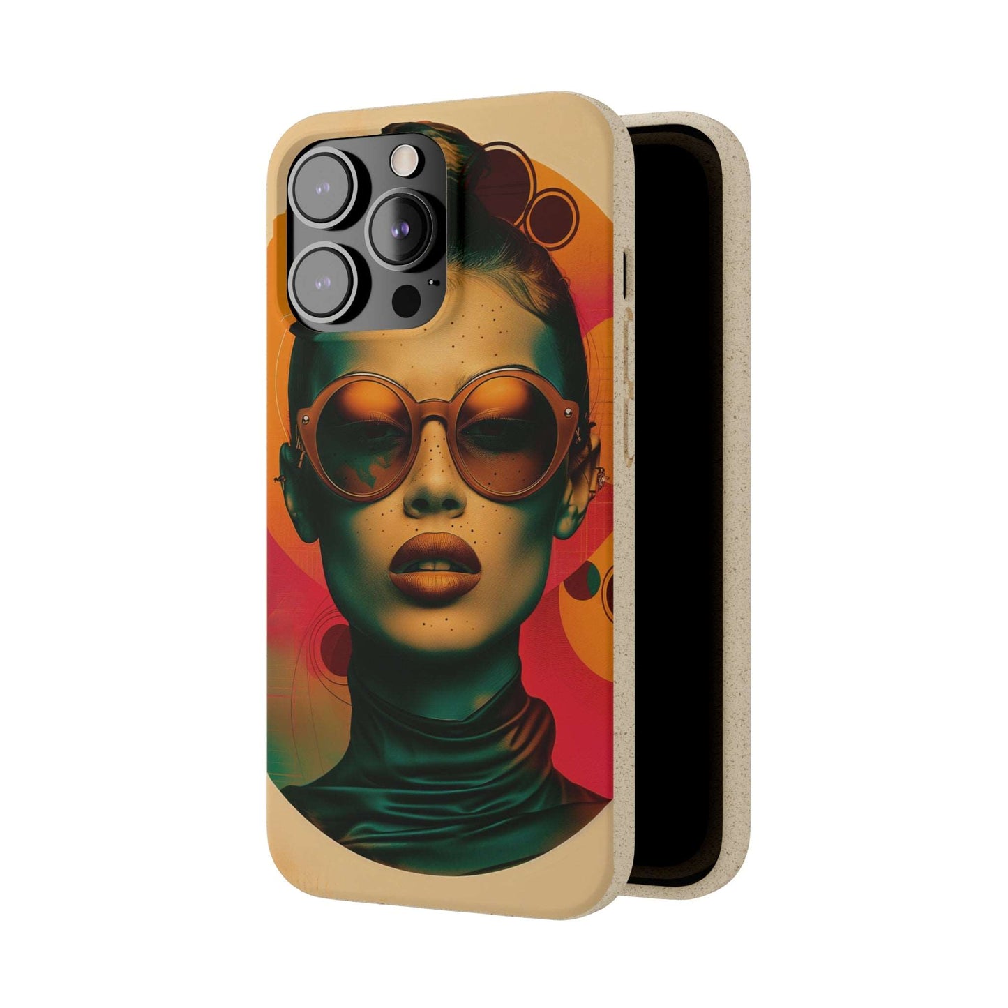 Biodegradable phone case featuring a Havana-inspired retro portrait in warm tropical hues, compatible with iPhone and Samsung models.