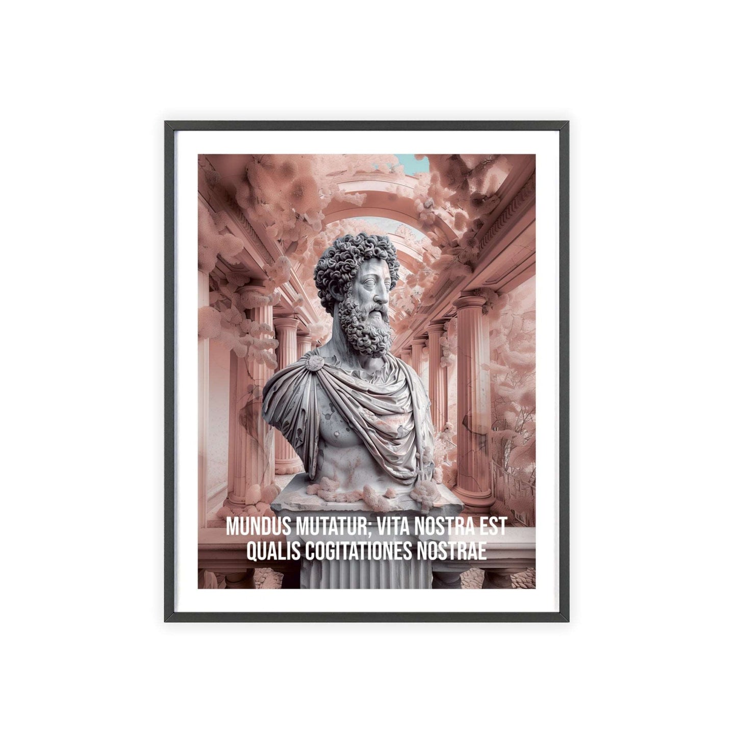 Surreal minimalist art print featuring Marcus Aurelius with Latin quote on the power of thoughts shaping our life amidst a changing world