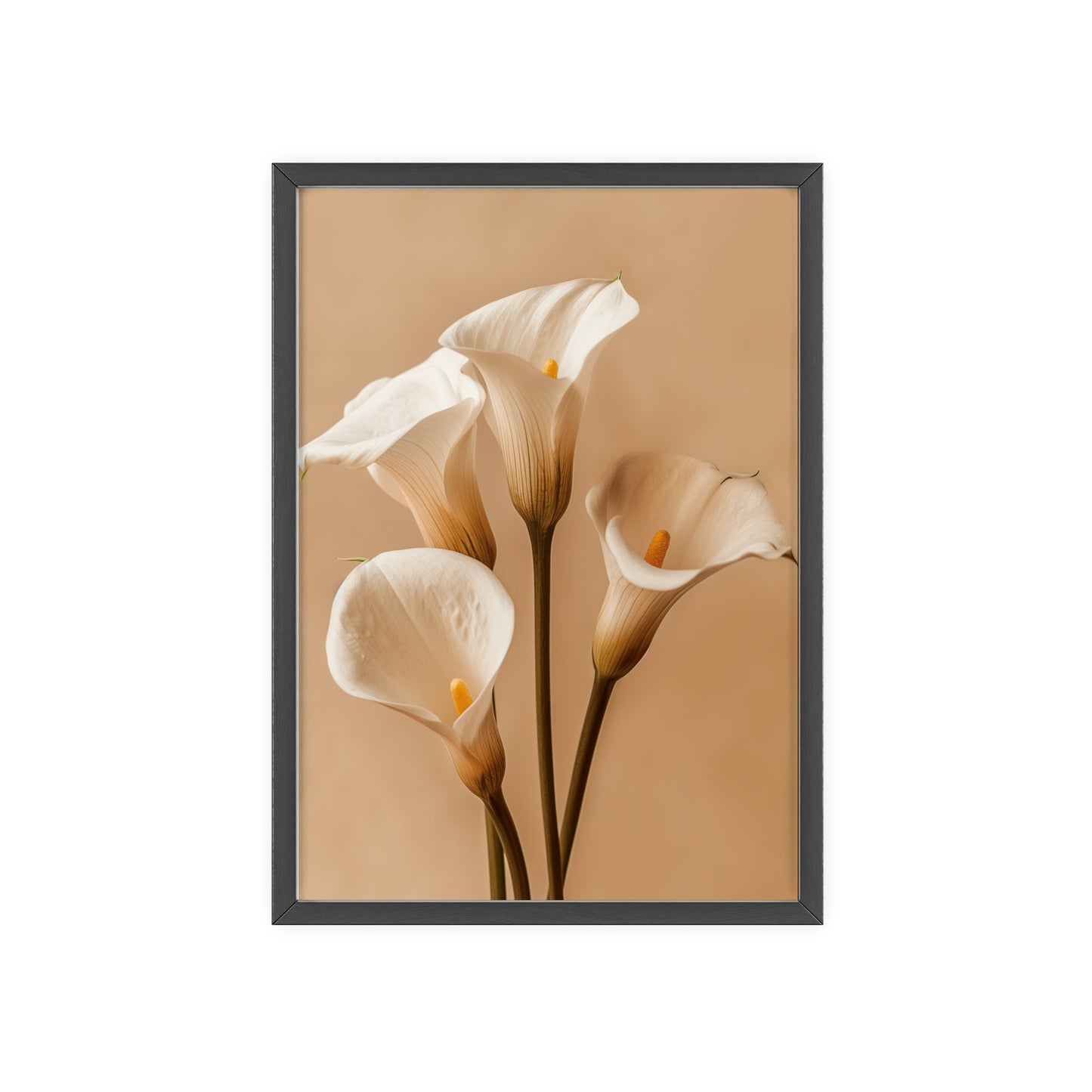 Vintage-style framed poster featuring elegant calla lily blooms with sleek, curving stems