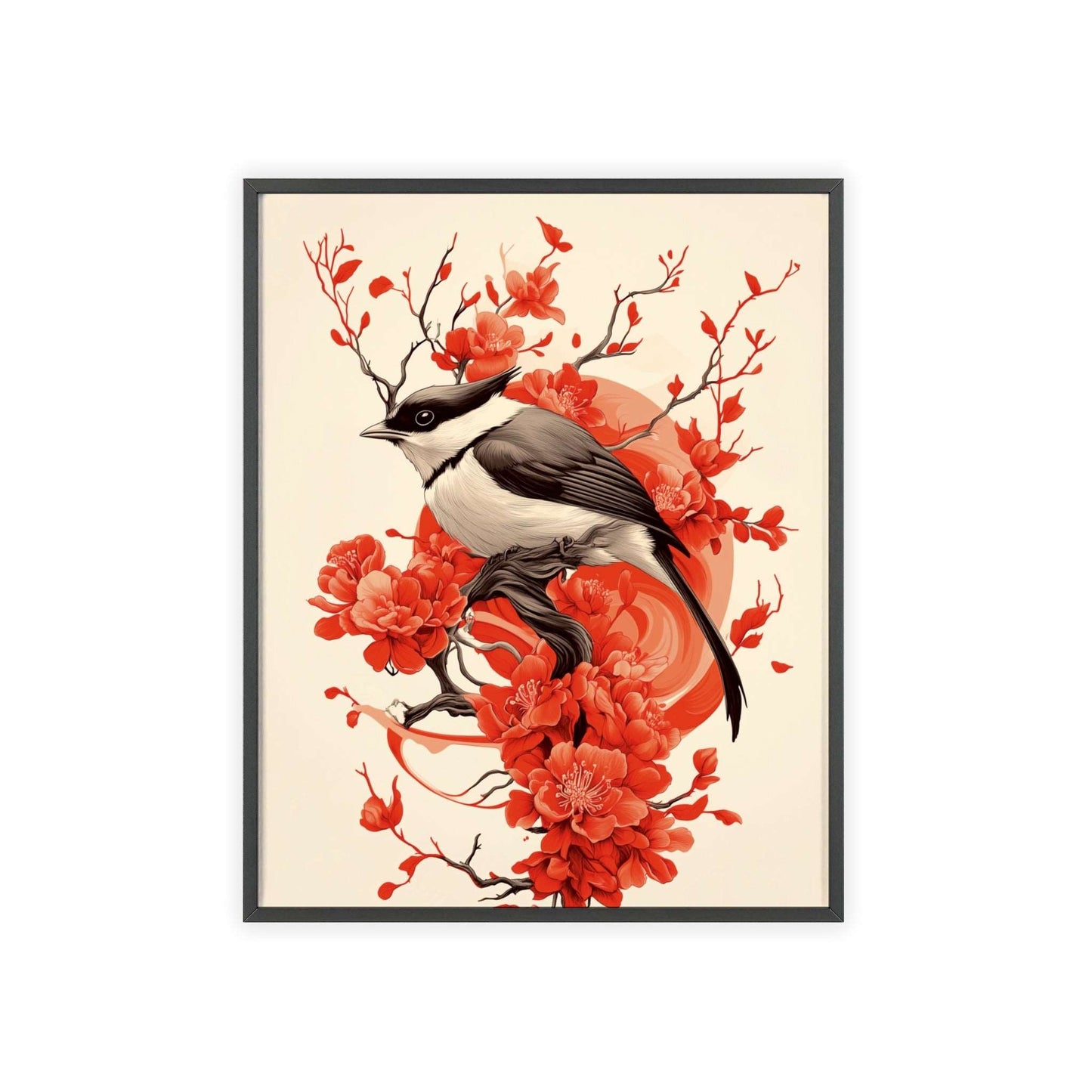 Framed poster depicting a stylized jay surrounded by red flowers