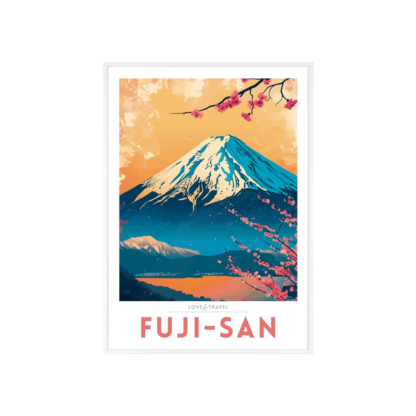 Travel poster of Mount Fuji featuring the iconic peak framed by cherry blossoms, capturing the serene beauty and cultural essence of Japan