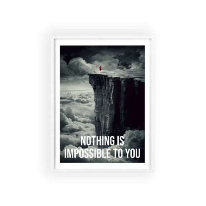 Surreal minimalist art print featuring a silhouette climbing a cliff, with Neville Goddard quote "Nothing is impossible to you"