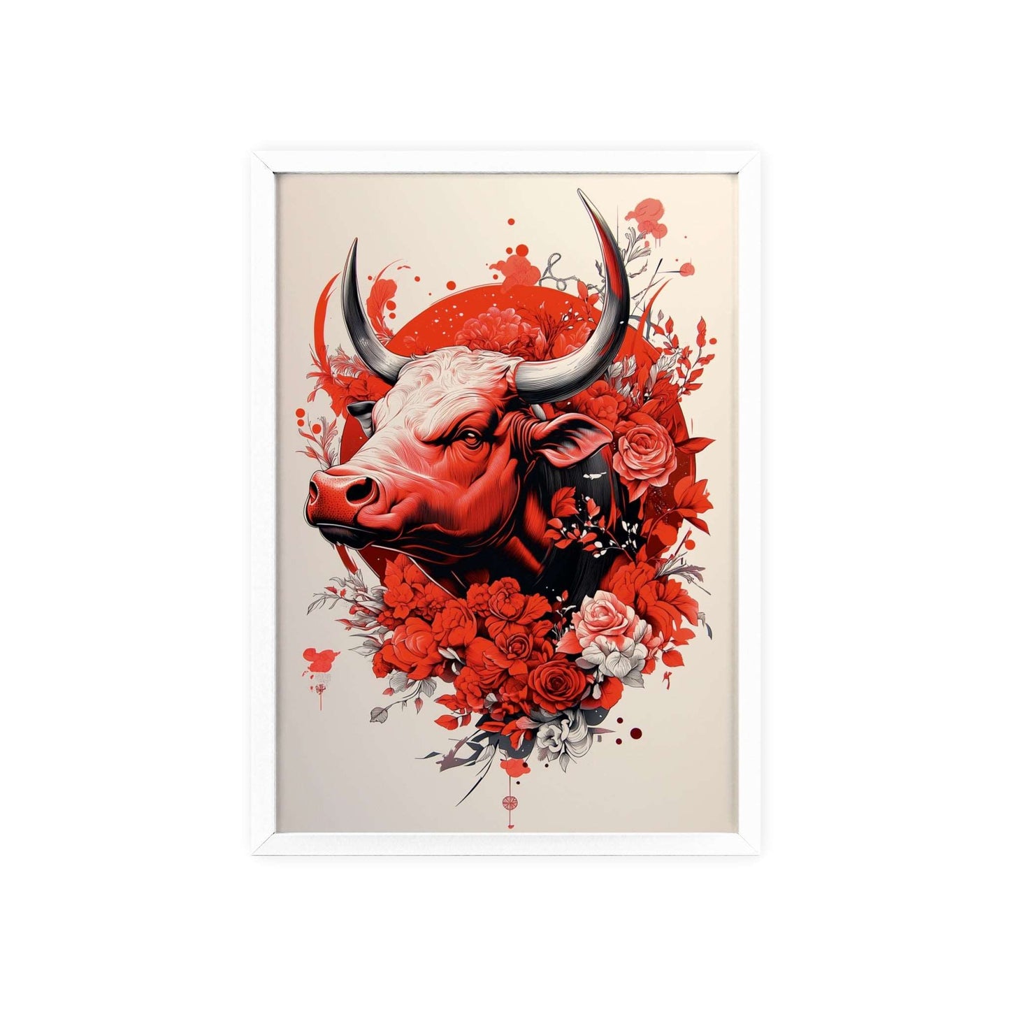 Framed poster featuring a stylized bull surrounded by red flowers