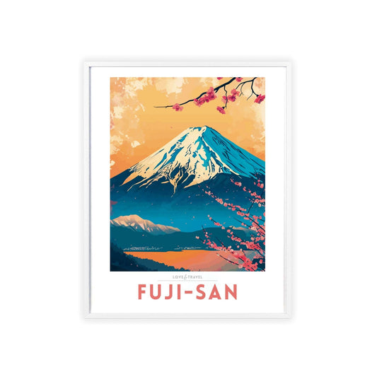 Travel poster of Mount Fuji featuring the iconic peak framed by cherry blossoms, capturing the serene beauty and cultural essence of Japan