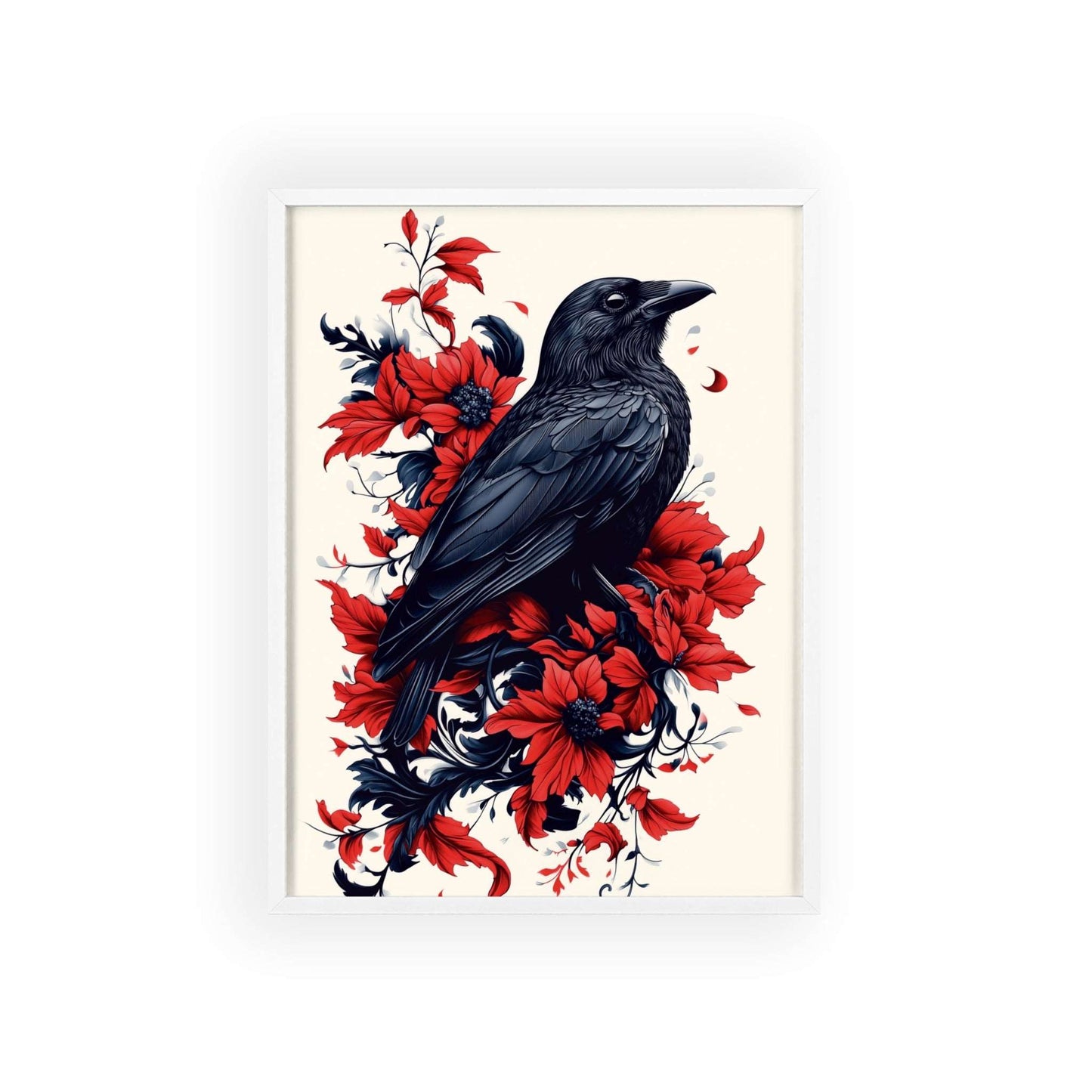 Framed poster of a stylized crow amidst vibrant red flowers.