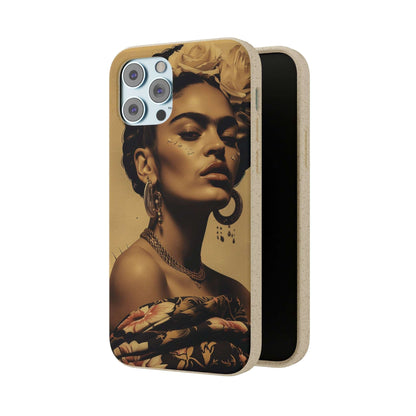 Biodegradable phone case with Frida Kahlo's Cancun 1927 portrait in vintage style.