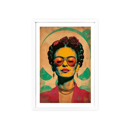 Framed poster featuring a high-resolution vector illustration of Frida Kahlo in a Brian Kesinger-inspired style. Frida has a bold, flat color design with high contrast and wears rose-colored sunglasses. The background is flat and uses warm tones. The poster is centered in the composition.