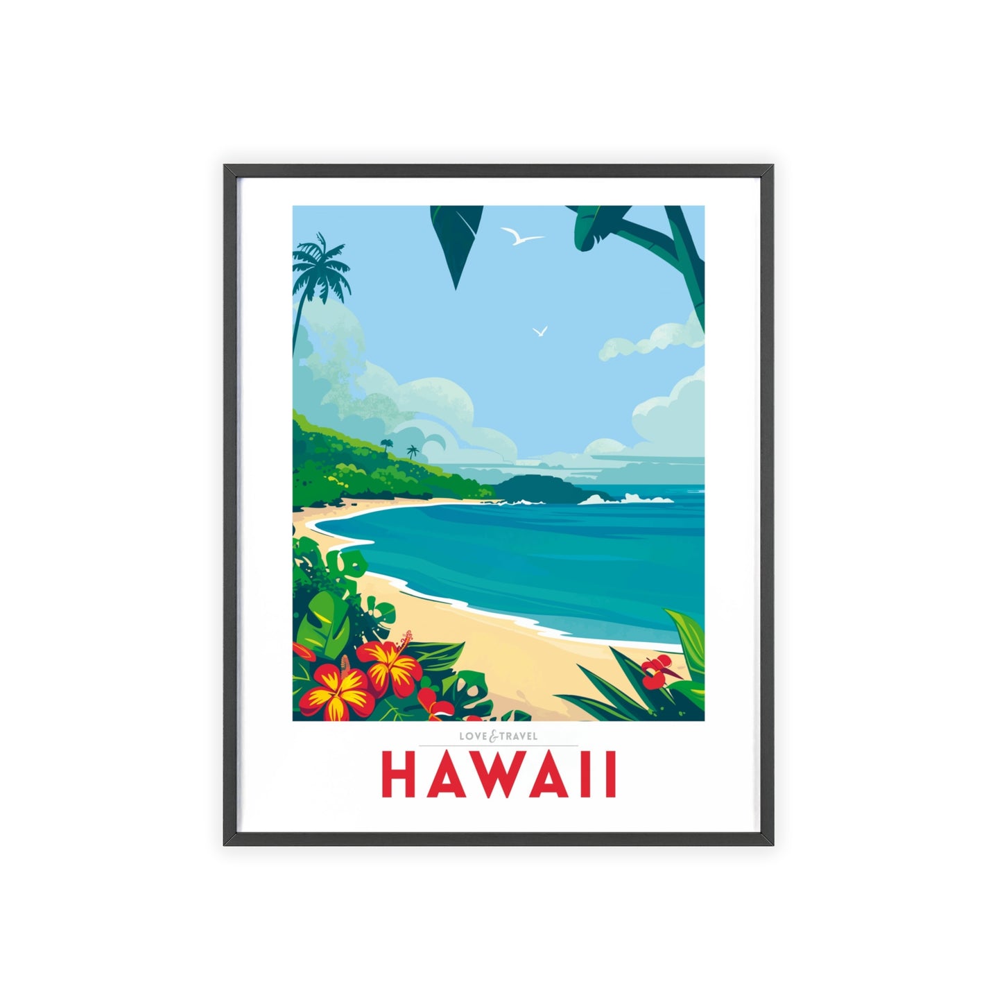 Travel poster featuring a picturesque Hawaiian beach with palm trees, crystal-clear water, and a vibrant sunset, capturing the essence of Hawaii's tropical paradise.