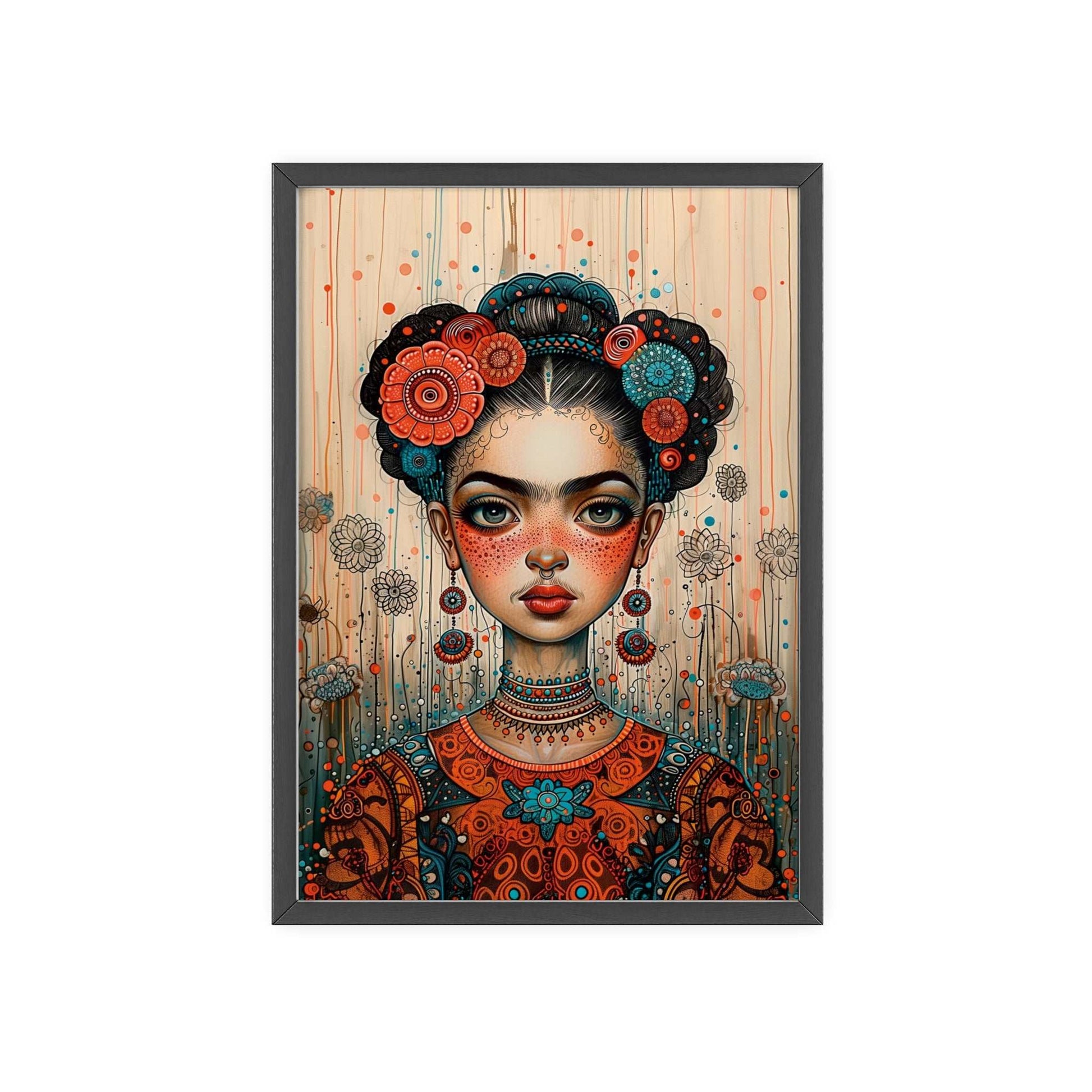 Framed poster titled "Frida in the Timeless Metaverse - Portrait". The poster depicts Frida Kahlo in a style reminiscent of Mab Graves and Klimt