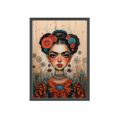 Framed poster titled "Frida in the Timeless Metaverse - Portrait". The poster depicts Frida Kahlo in a style reminiscent of Mab Graves and Klimt