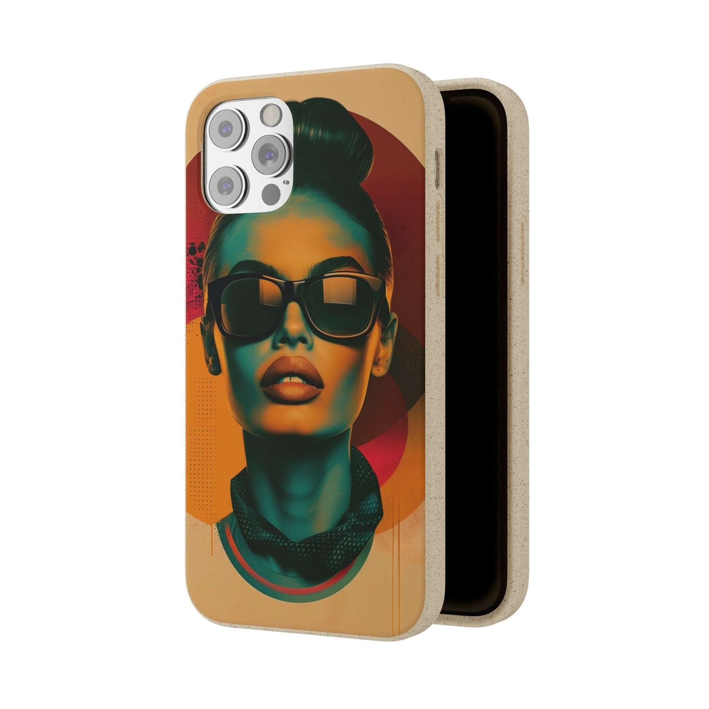 Madrid-themed phone case with a vibrant retro portrait design in biodegradable materials, compatible with iPhone and Samsung.