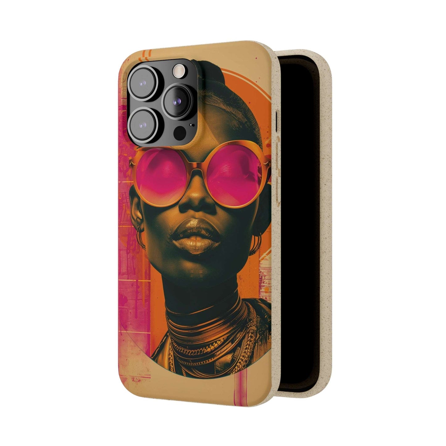 Lagos-inspired phone case with bold African motifs and biodegradable materials, compatible with iPhone and Samsung models.