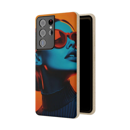 Madrid Modern Global Portrait phone case with a young woman, biodegradable, eco-friendly, and wireless charging compatible.