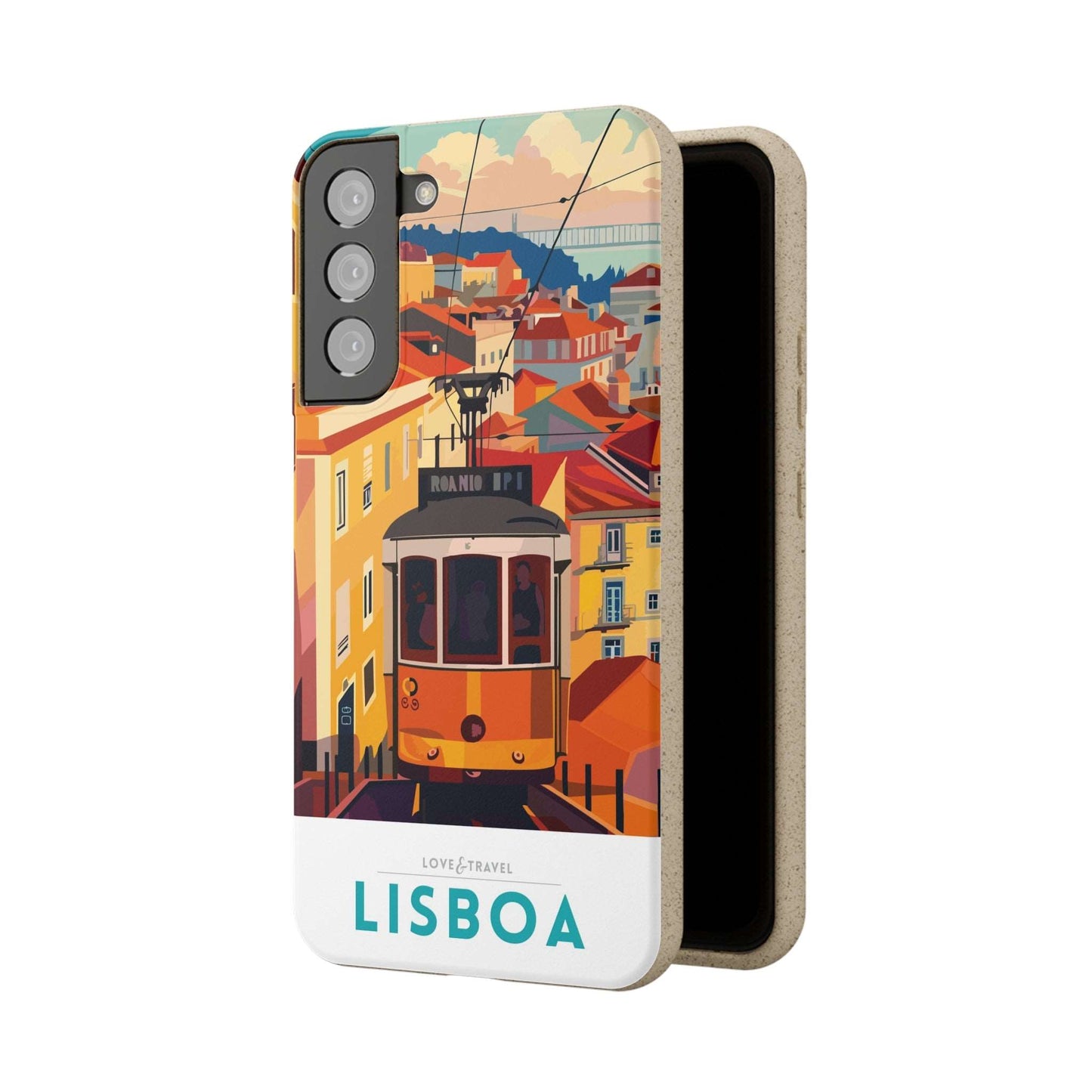 Colorful biodegradable phone case featuring a stylized travel poster design of Lisbon, Portugal.