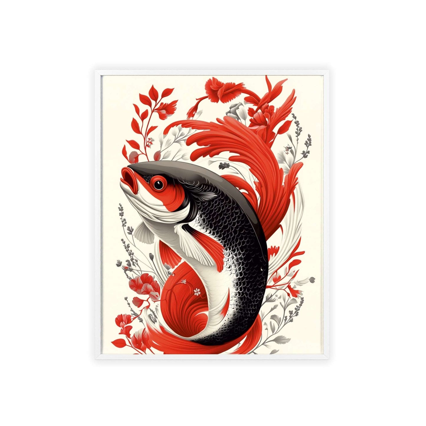 Framed poster of a stylized salmon surrounded by vibrant red flowers.