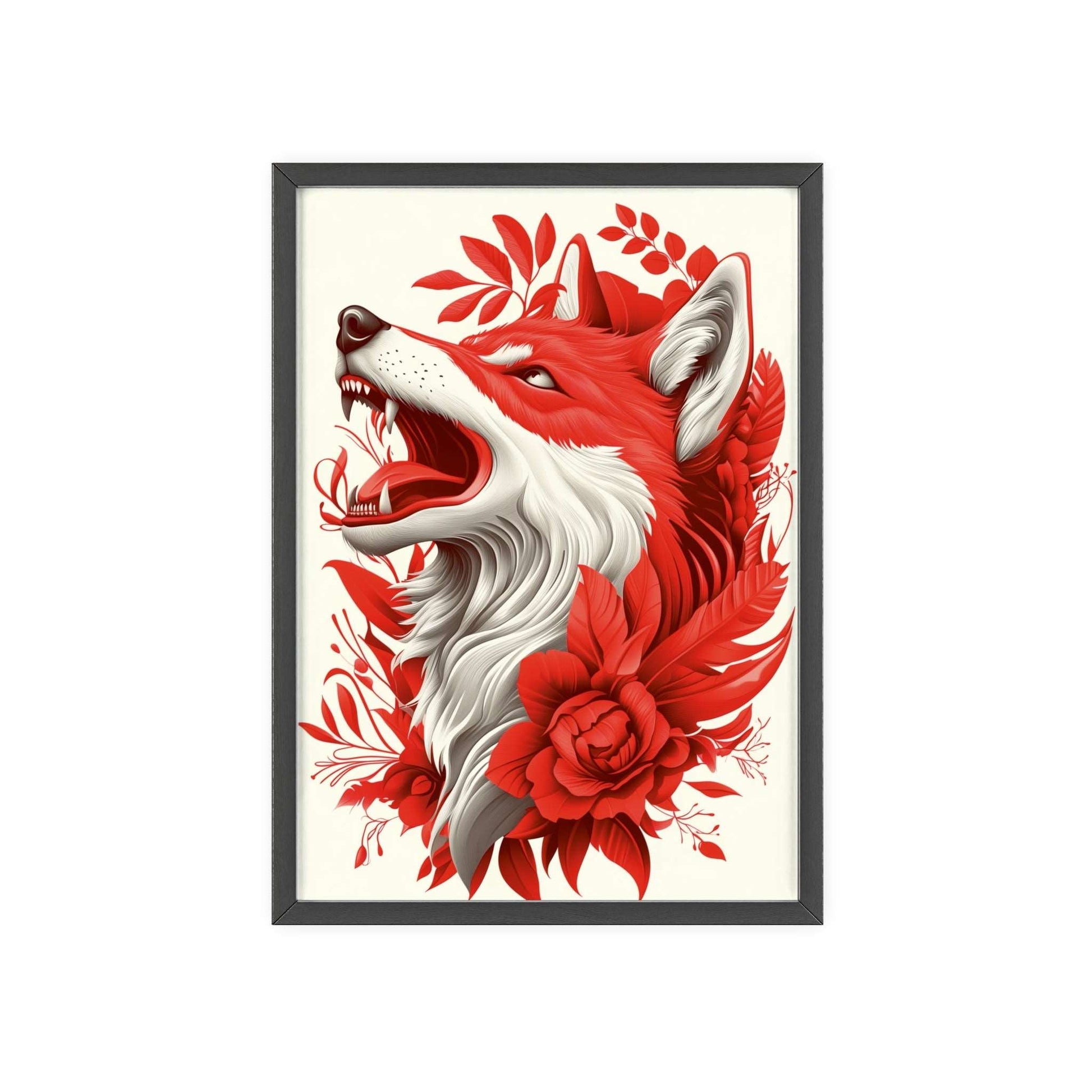 Framed poster of a stylized wolf amidst vibrant red flowers.