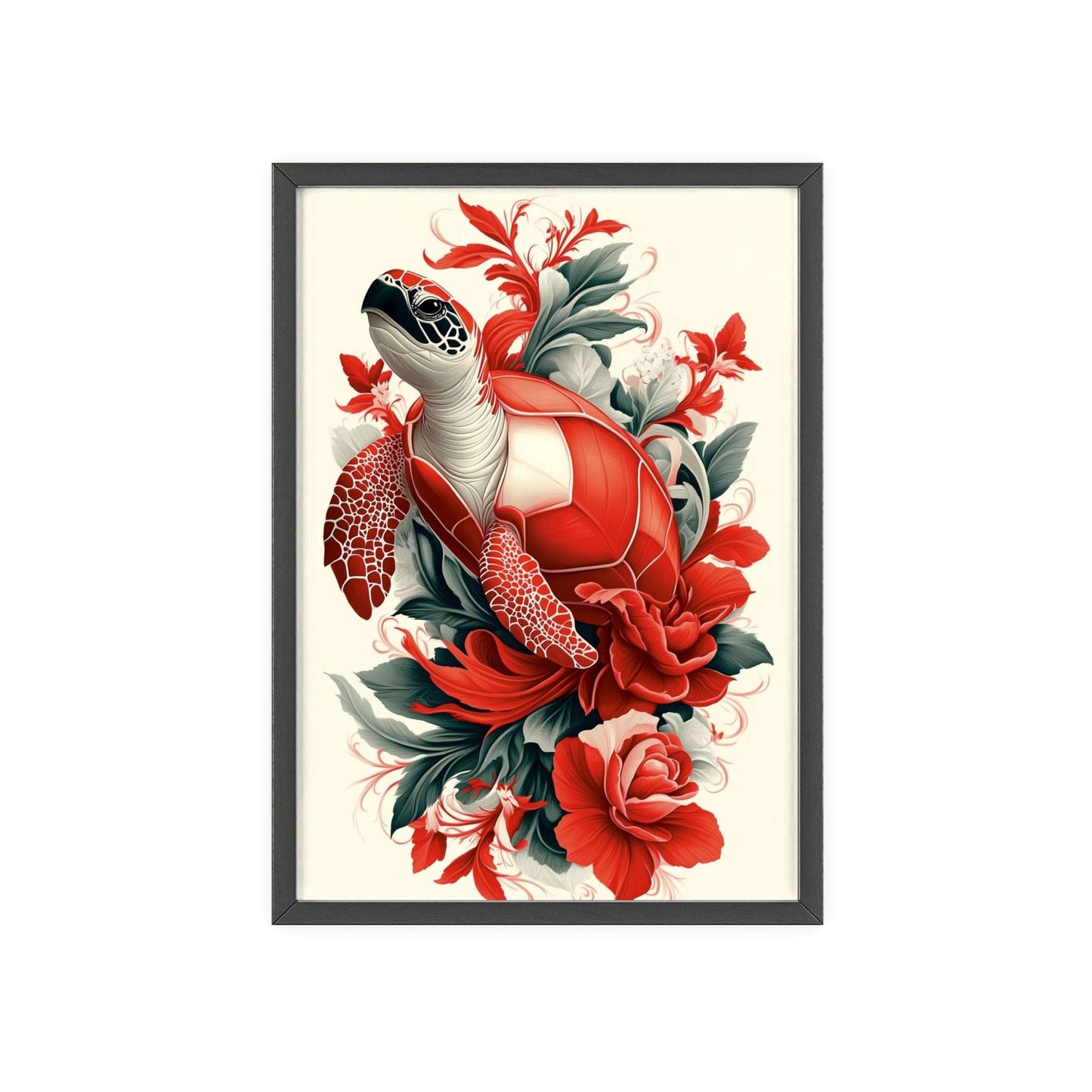 Framed poster of a stylized turtle surrounded by red flowers