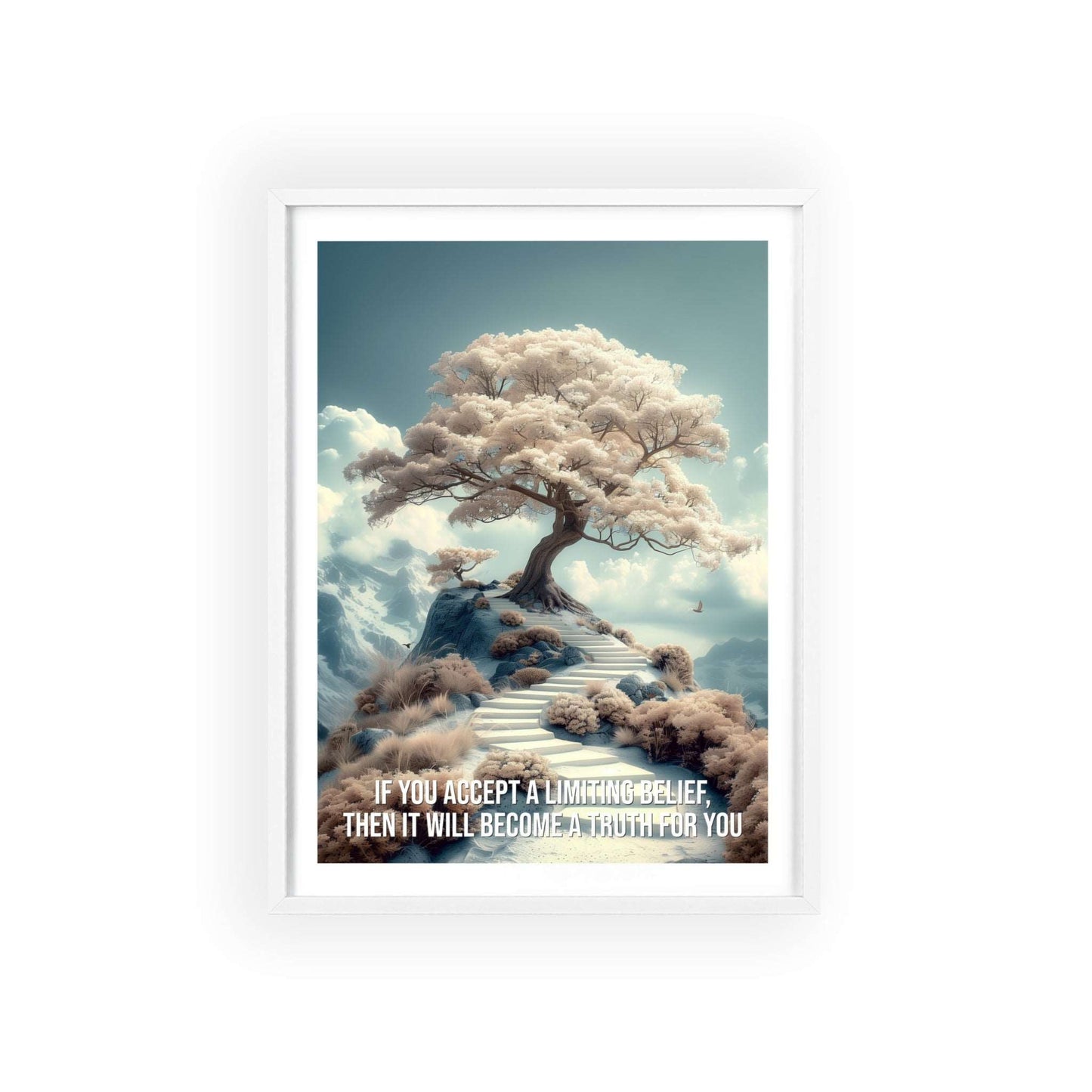 Surreal minimalist art print featuring a solitary tree on a hill, with Louise Hay quote "If you accept a limiting belief, then it will become a truth for you"