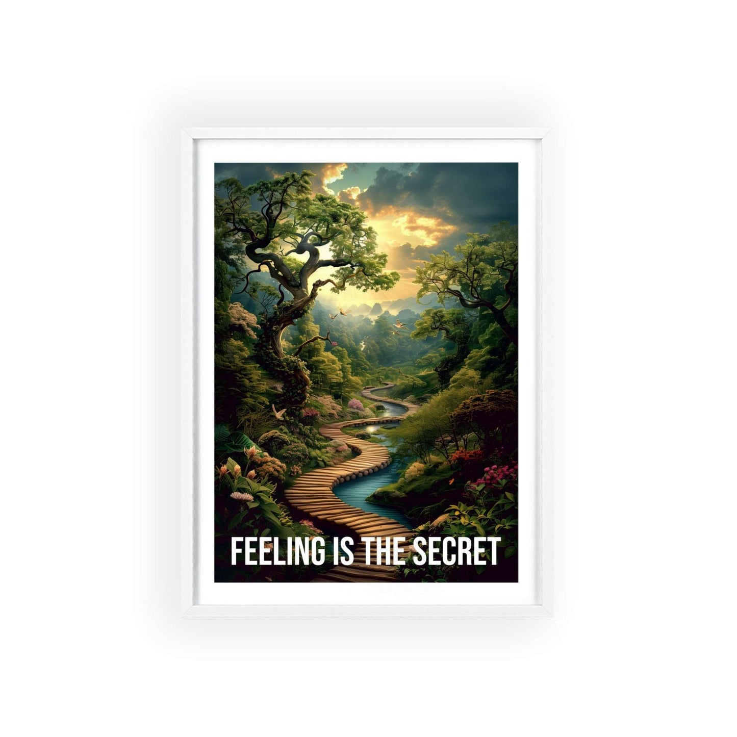 urreal minimalist art print featuring a winding forest path with sunbeams, and Neville Goddard quote "Feeling is the secret"