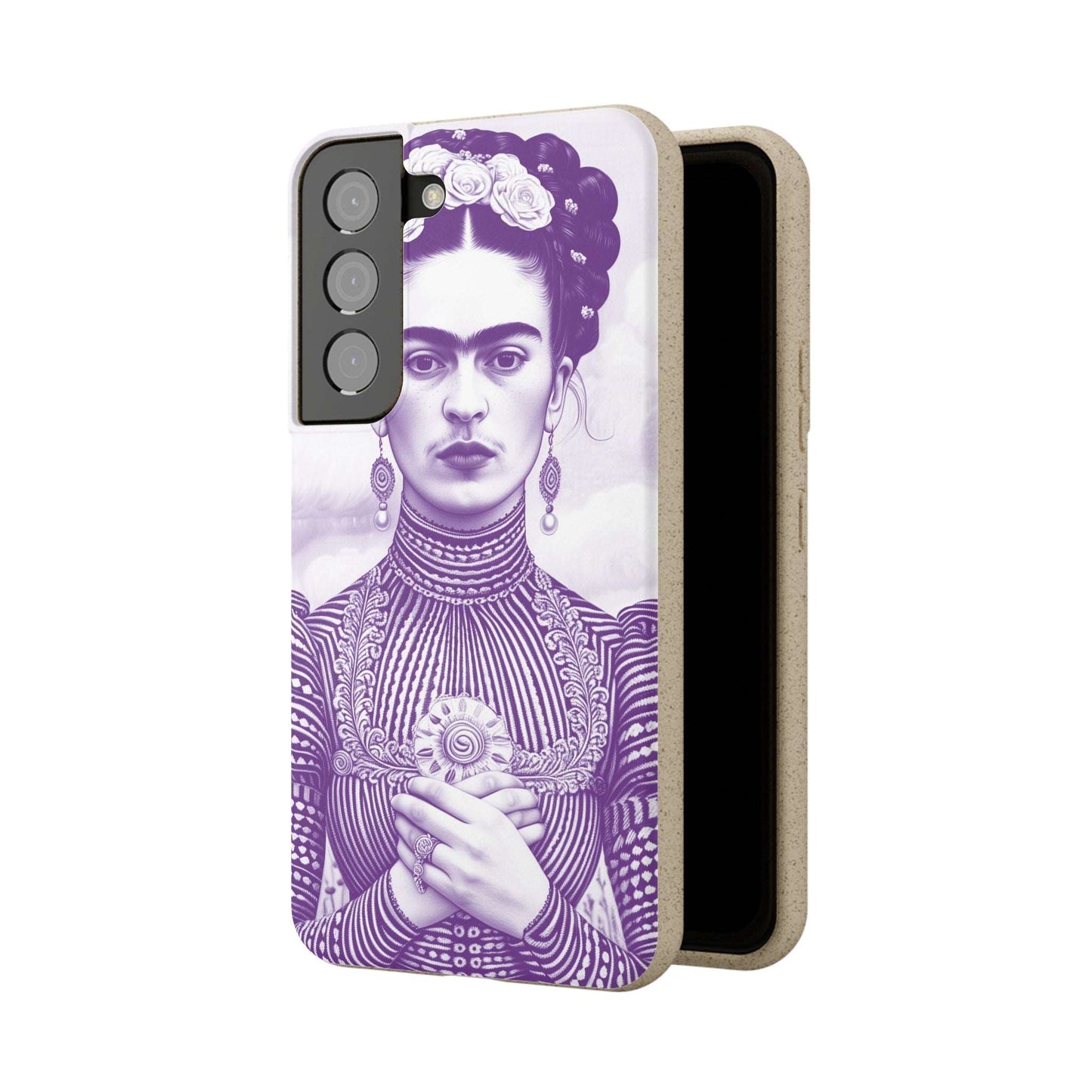 Stylish violet biodegradable phone case featuring an artistic portrait of Frida Kahlo.